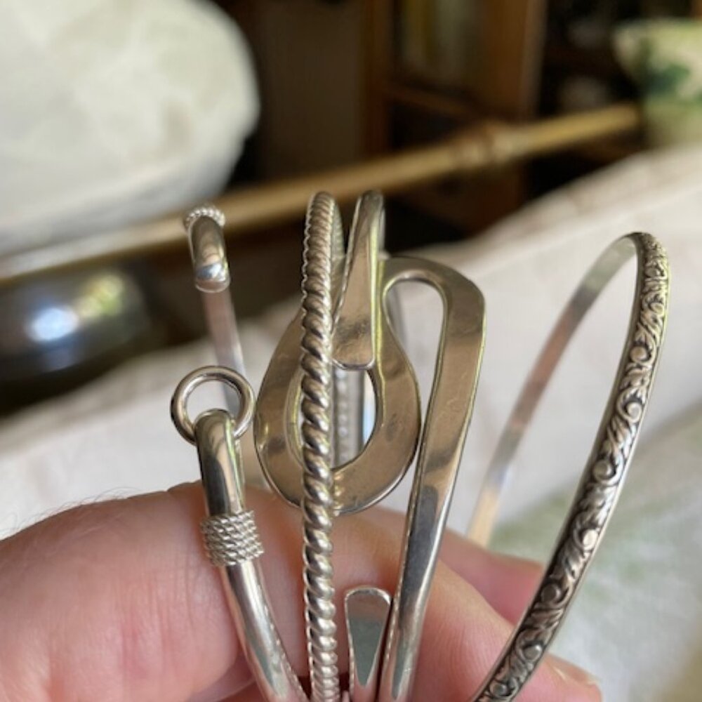 Five sterling silver, bangle bracelets, perfect condition, unusual, high quality